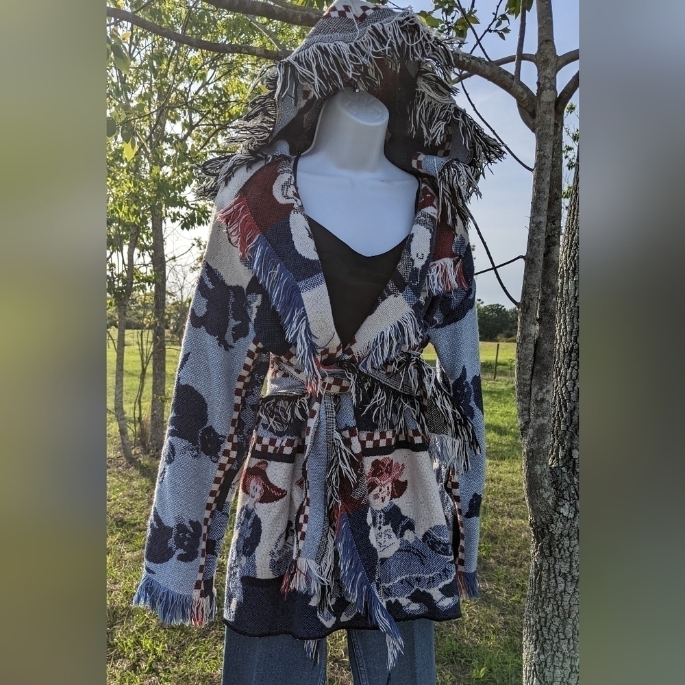 Sold Raggedy Ann & Andy Fringed Upcycled Vintage Tapestry Jacket OOAK Handmade